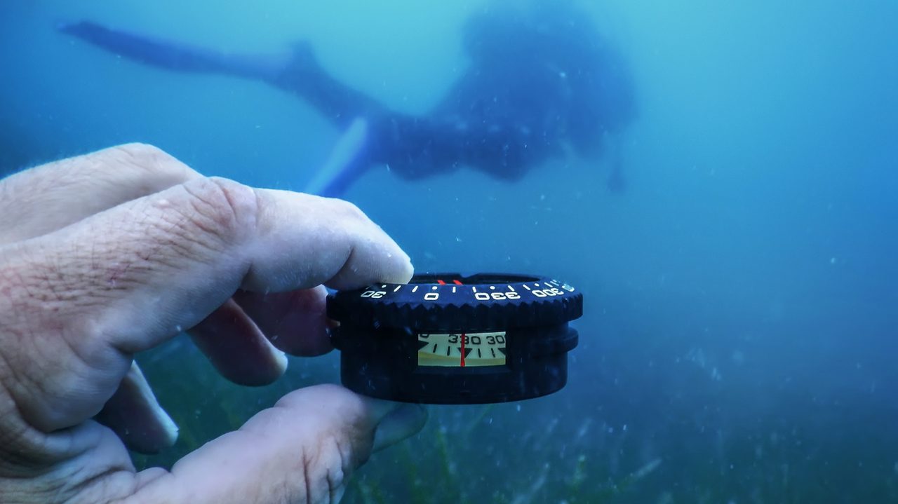 Diver using a dive compass on the wrist